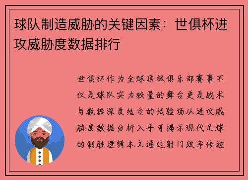 球队制造威胁的关键因素：世俱杯进攻威胁度数据排行
