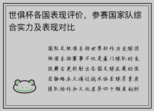 世俱杯各国表现评价，参赛国家队综合实力及表现对比